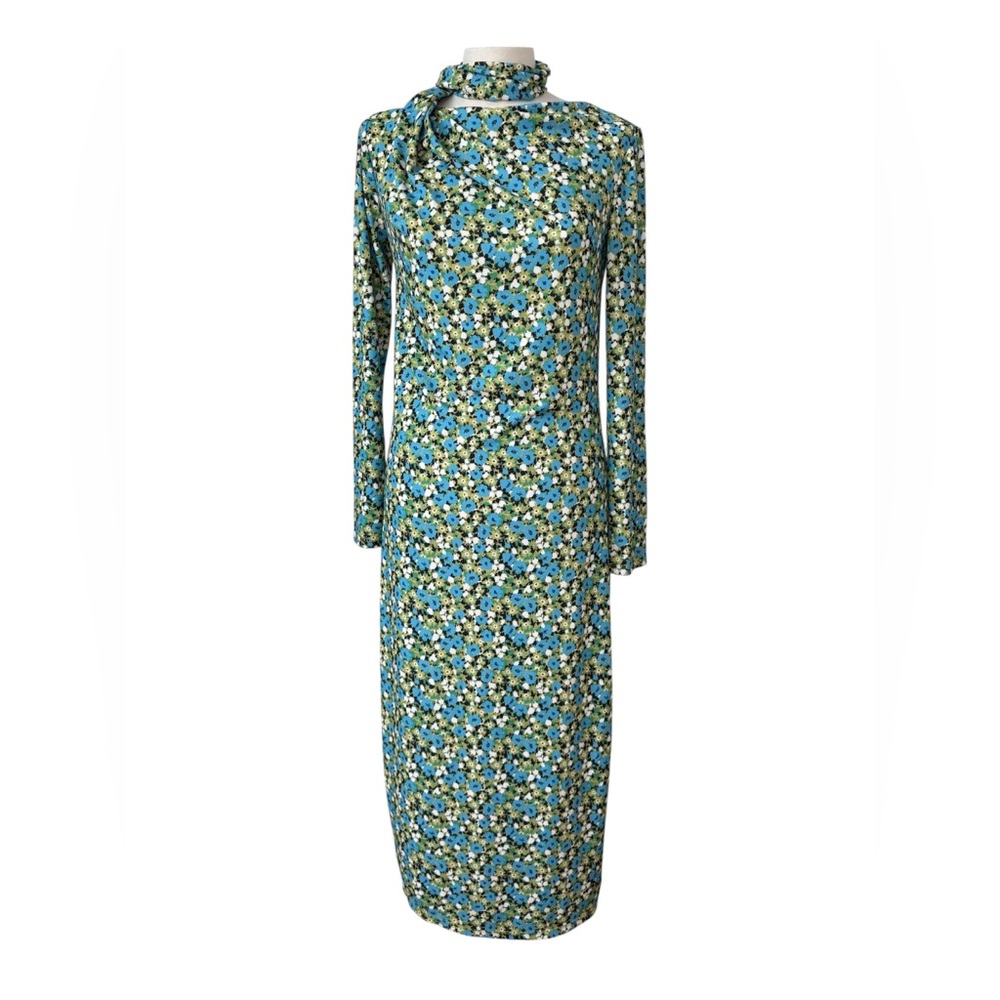 ZARA Blue Green Floral Open Back High Neck Long Sleeve Midi Dress size Large